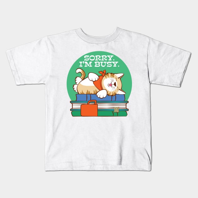 Sorry I'm Busy Sleeping Cat on Books Kids T-Shirt by Sue Cervenka